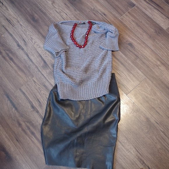 Gray Knit Sprit Sweater& Faux Leather Skirt - Picture 2 of 15